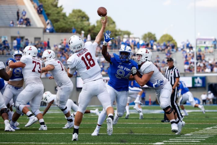 Lafayette quarterback Aaron Angelos (18) passes under pressure from Air Force defensive tackle Jordan Jackson (94). Mandatory Credit: Isaiah J. Downing-USA TODAY